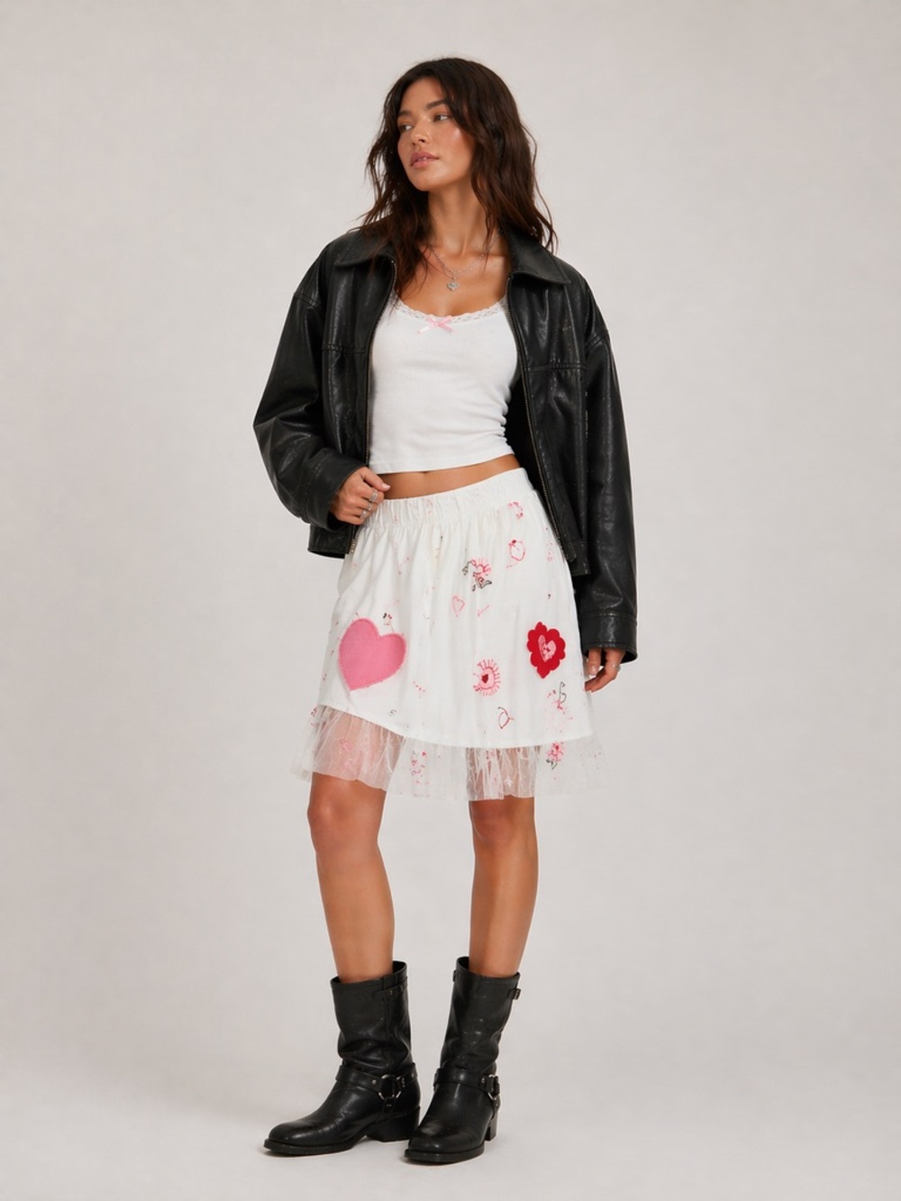 Free People White Heart Patch Tulle Hem Skirt - Red Accents—Dead Stock